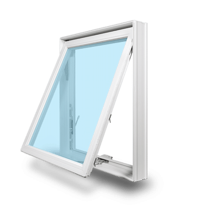 Modern white awning window with a top-hinge design, shown in an open position to illustrate ventilation capability.