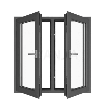 Modern dark gray double casement windows shown in an open position with sleek handles and a contemporary frame.