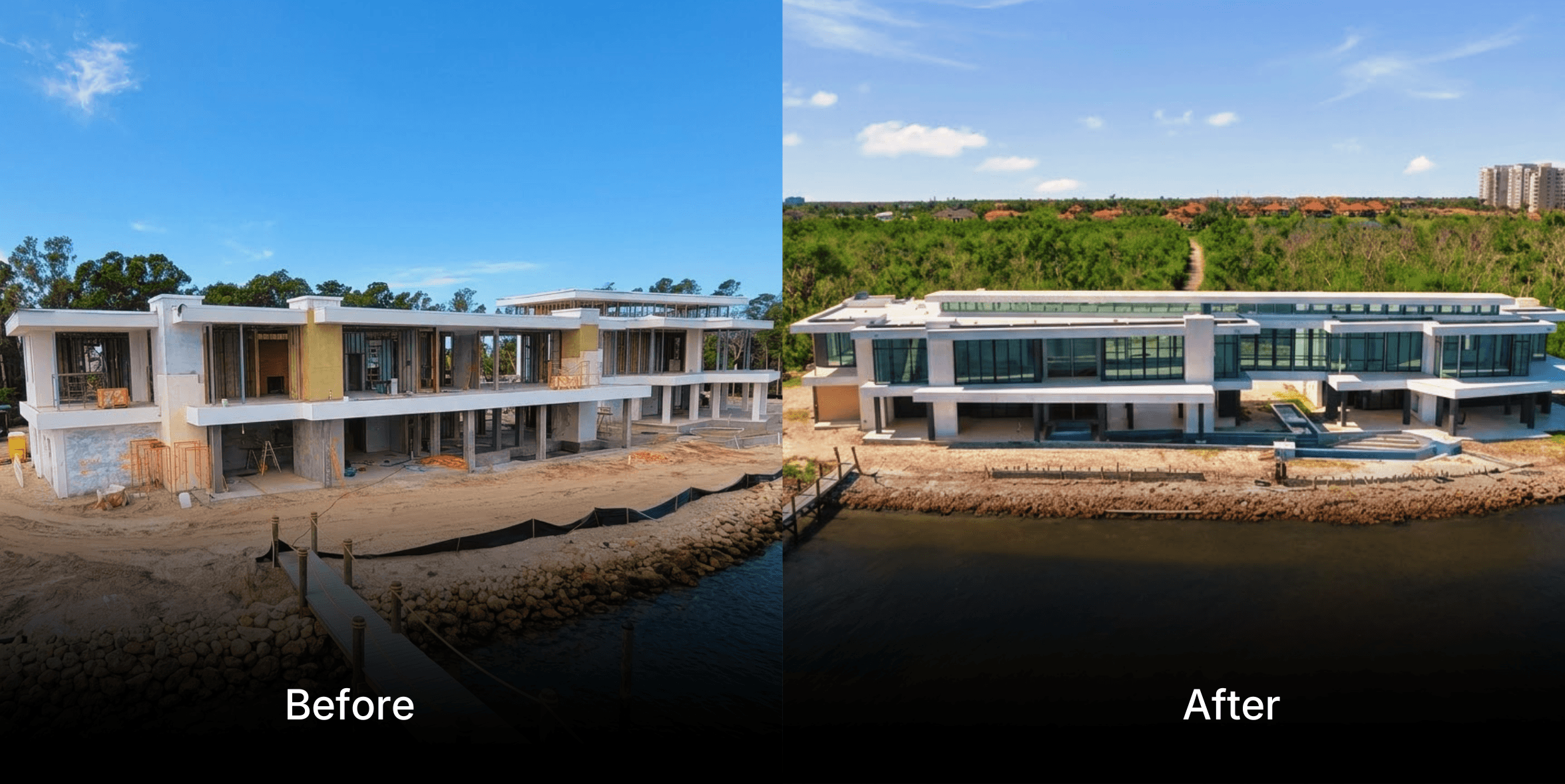 Before and after aerial view of a large modern waterfront mansion in Florida showing the installation of floor-to-ceiling glass window systems by A&J Windowhaus.