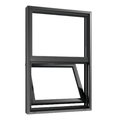 Modern black-frame single hung window with the bottom sash tilted inward for easy cleaning, isolated on a white background.