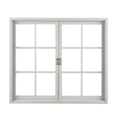 White fixed picture window with a six-pane grid design (colonial style) and a clean, minimalist frame.