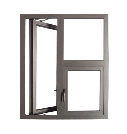 Modern dark bronze or gray tilt and turn window system showing one sash fully open and another in a fixed position.