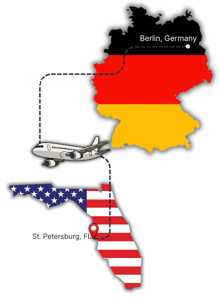 Graphic showing a flight path from Berlin, Germany to St. Petersburg, Florida, illustrating A&J Windowhaus importing German-engineered windows to the USA.