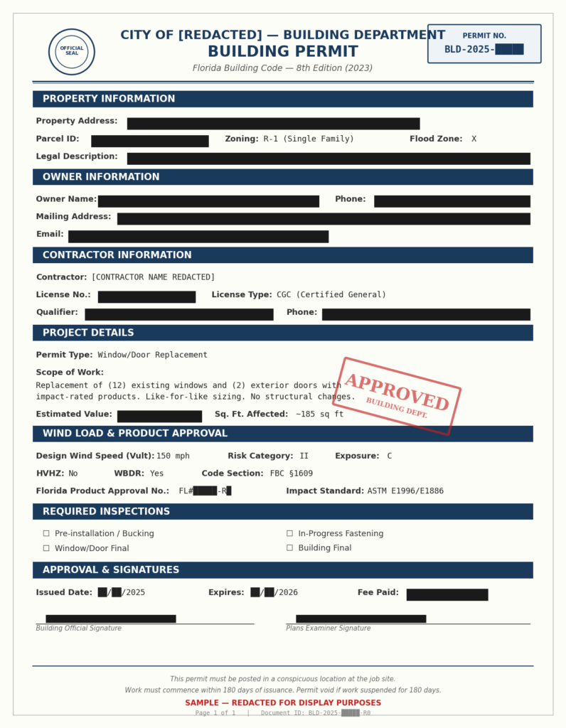 Florida NOA Notice of Acceptance impact window example
