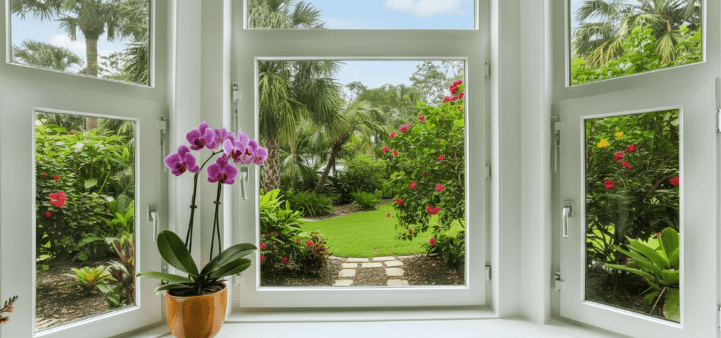 High-performance white impact tilt and turn windows in a bay configuration overlooking a colorful tropical garden with a purple orchid on the windowsill.