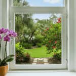 High-performance white impact tilt and turn windows in a bay configuration overlooking a colorful tropical garden with a purple orchid on the windowsill.