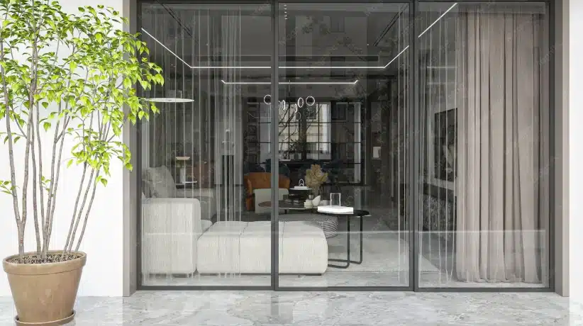 Modern floor-to-ceiling glass Lift & Slide Doors revealing a stylish living room next to a potted patio plant.