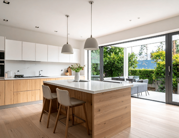 A&J Windowhaus modern luxury kitchen featuring a large German-engineered lift and slide glass door opening onto a lush outdoor patio.