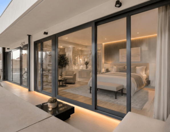 A&J Windowhaus large-format glass lift and slide door opening from a luxury master suite onto a modern balcony.