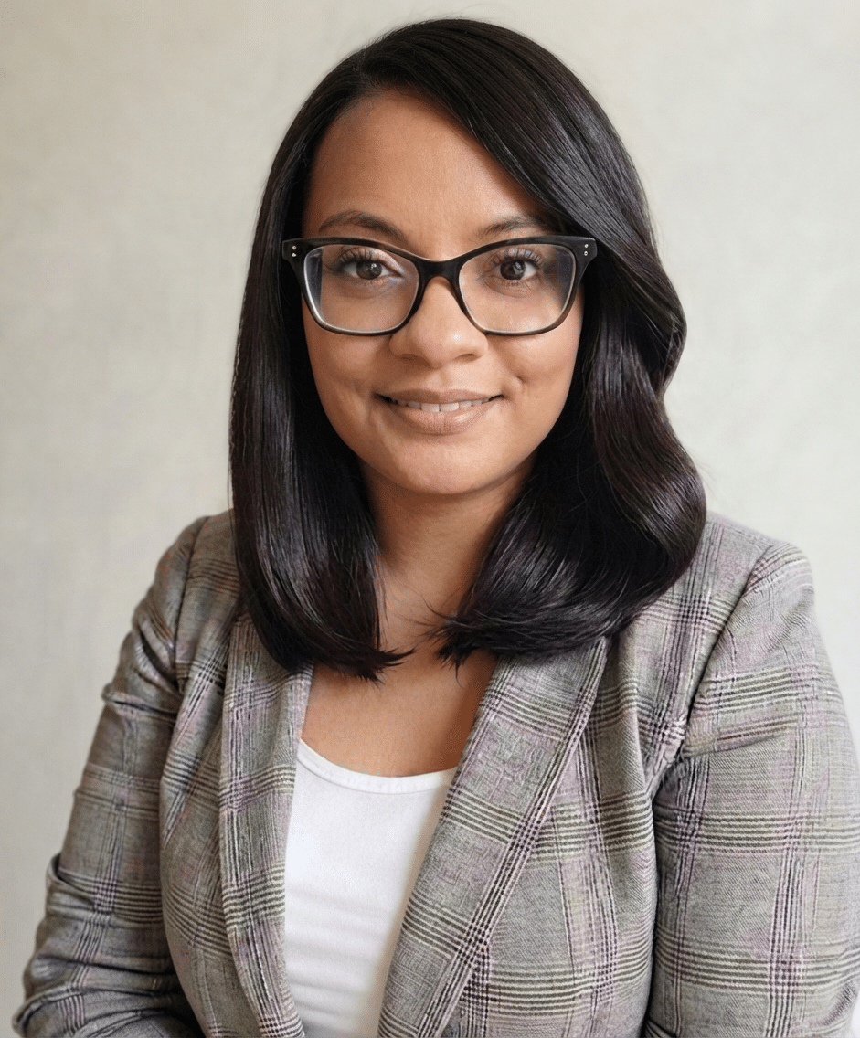 Professional headshot of Mia wearing black-framed glasses, a plaid blazer, and a white top, smiling at the camera.