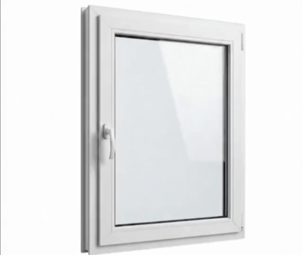 Tilt-and-turn window animation showing the handle rotating from locked to turn-open and tilt-open positions before returning to the closed position.