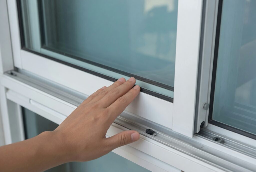 Close-up of a hand inspecting the weather seal along a white sliding window track, highlighting precision details during a Hurricane Window Installation.