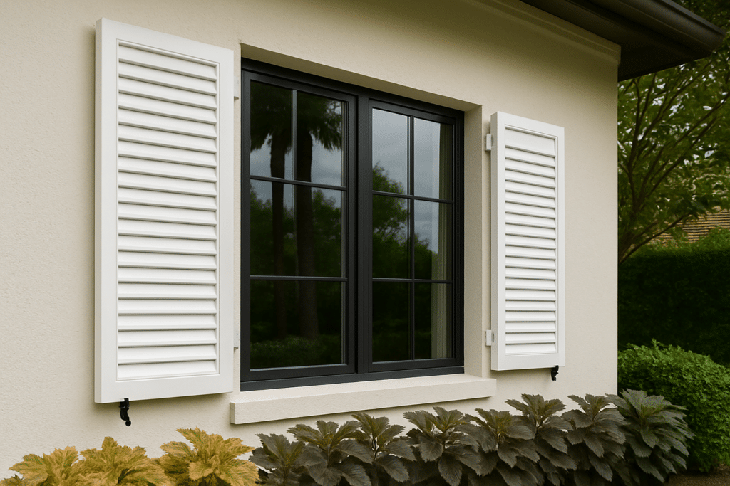Dark-framed multi-pane window flanked by open white shutters on a beige home, showcasing a completed Hurricane Window Installation.