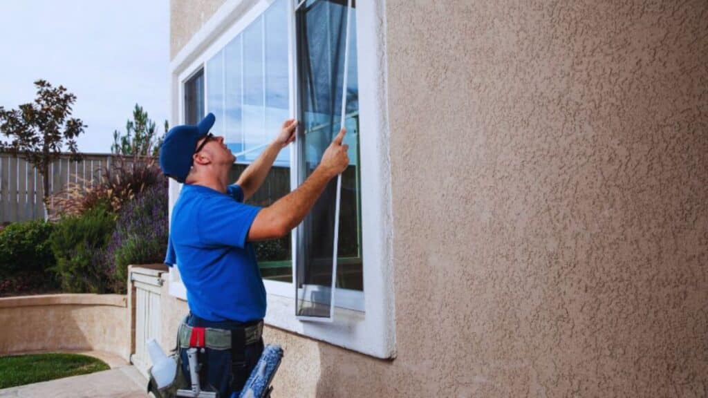 Technician in a blue shirt and tool belt fitting a window screen onto a stucco home, demonstrating a precise Hurricane Window Installation.