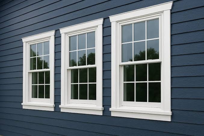 Three modern white double-hung windows with trim on dark blue exterior siding, showcasing a clean Impact Window Installation.