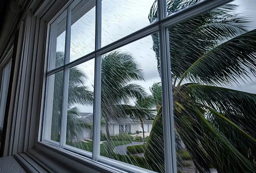 Stormy weather and swaying palm trees viewed through a secure Impact Window Installation.