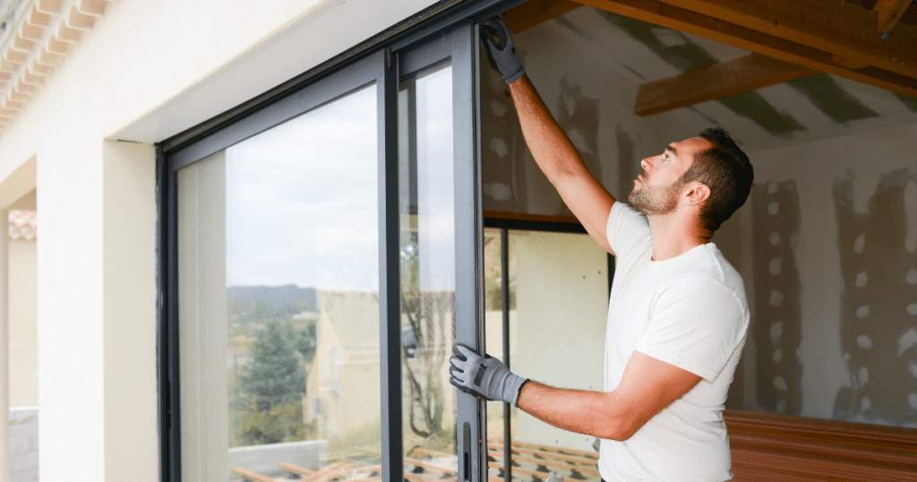 Professional technician fitting a large dark-framed sliding glass door, demonstrating precise work by Impact Window Installers.