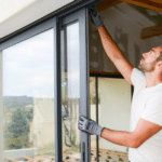 Professional technician fitting a large dark-framed sliding glass door, demonstrating precise work by Impact Window Installers.