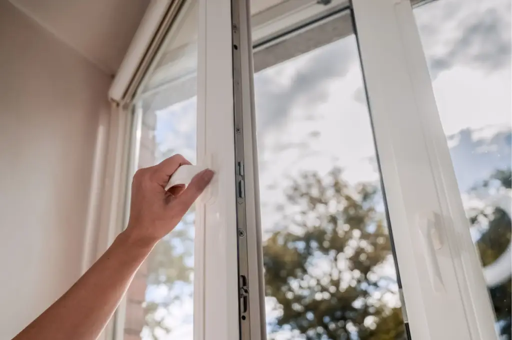 Hand testing the handle of a newly fitted white frame window, demonstrating precision craftsmanship by Impact Window Installers.