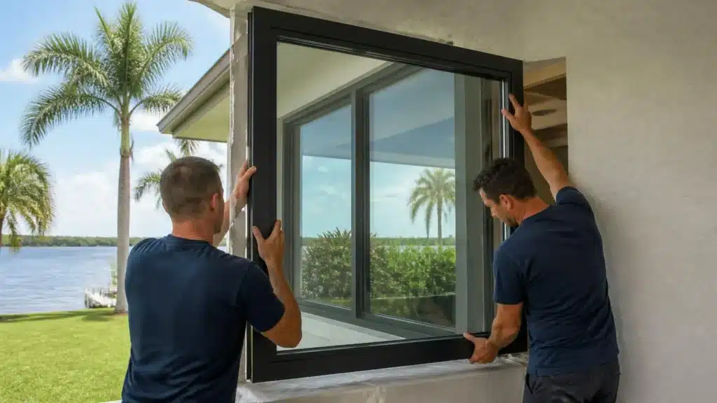 Two technicians installing a large glass window in a waterfront home, featuring Impact Windows Jacksonville FL.