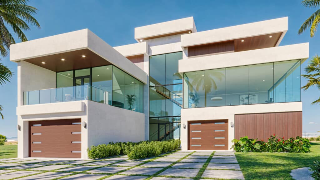 A modern coastal home features expansive floor-to-ceiling glass walls, which provide excellent views but also make the property a prime candidate for an impact-resistant Storm Window Replacement.