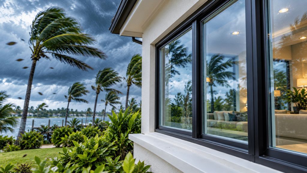 Sturdy black-framed glass windows securely withstand fierce storm winds and heavy rain lashing against palm trees outside, highlighting the exceptional home protection provided by a reliable impact window contractor.