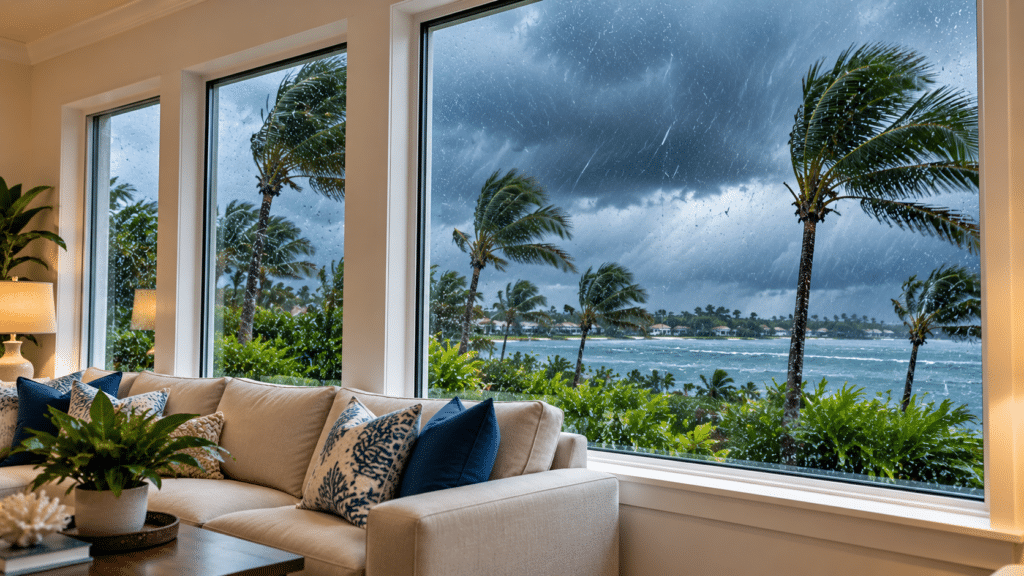 Interior view of a secure living room looking out large glass windows that are withstanding a severe hurricane storm, highlighting the durability of impact windows and the importance of hiring an expert impact window contractor.