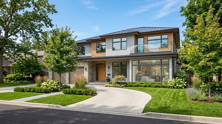A modern two-story home featuring large modern replacement windows and floor-to-ceiling glass paneling overlooking a paved driveway and landscaped yard.