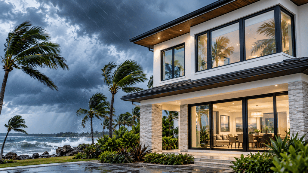 A modern coastal home features large glass windows and sliding doors withstanding severe storm winds and heavy rain, showcasing the durable protection installed by an expert impact window contractor