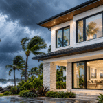 A modern coastal home features large glass windows and sliding doors withstanding severe storm winds and heavy rain, showcasing the durable protection installed by an expert impact window contractor