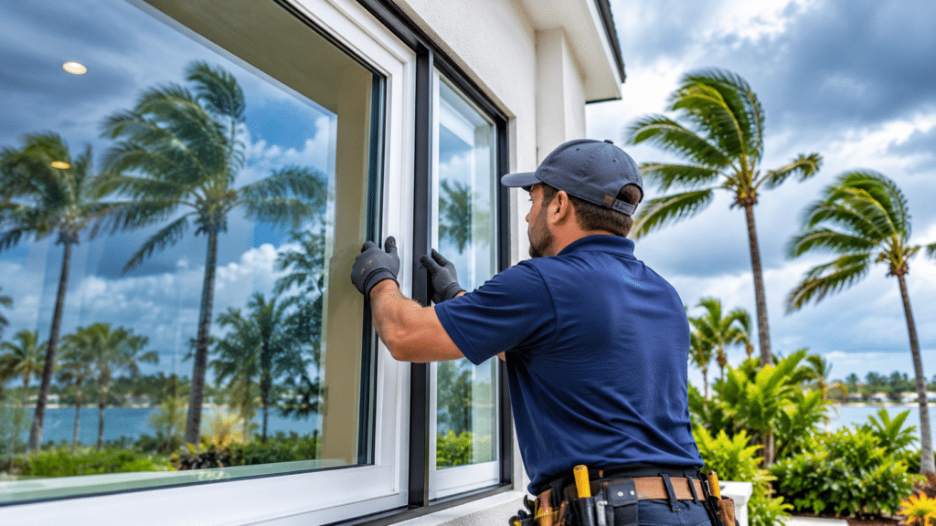 A professional installer adjusts large glass window panels with palm trees reflecting on the glass, demonstrating the meticulous work of an experienced impact window contractor.